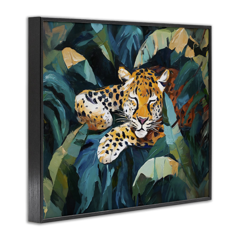 Léopard dormant dans des feuilles, estampe numérique par Ramona Murdock, Giclée encadrée noir minuit, H 16 po x l 20 po
