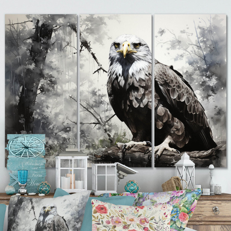 Aigle gris de sérénité sur toile, reproduction de 3 pièces, H 40 po x l 60 po