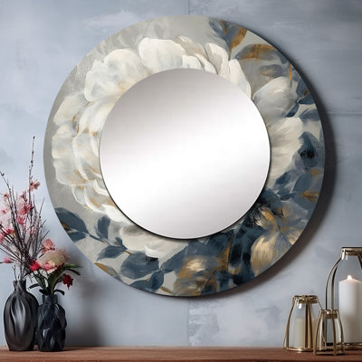 Giosbel Emotions Of White Blue Peony Flower II - Peonies Unique Wall Mirror, Modern Round Mirror, Printed Metal Art