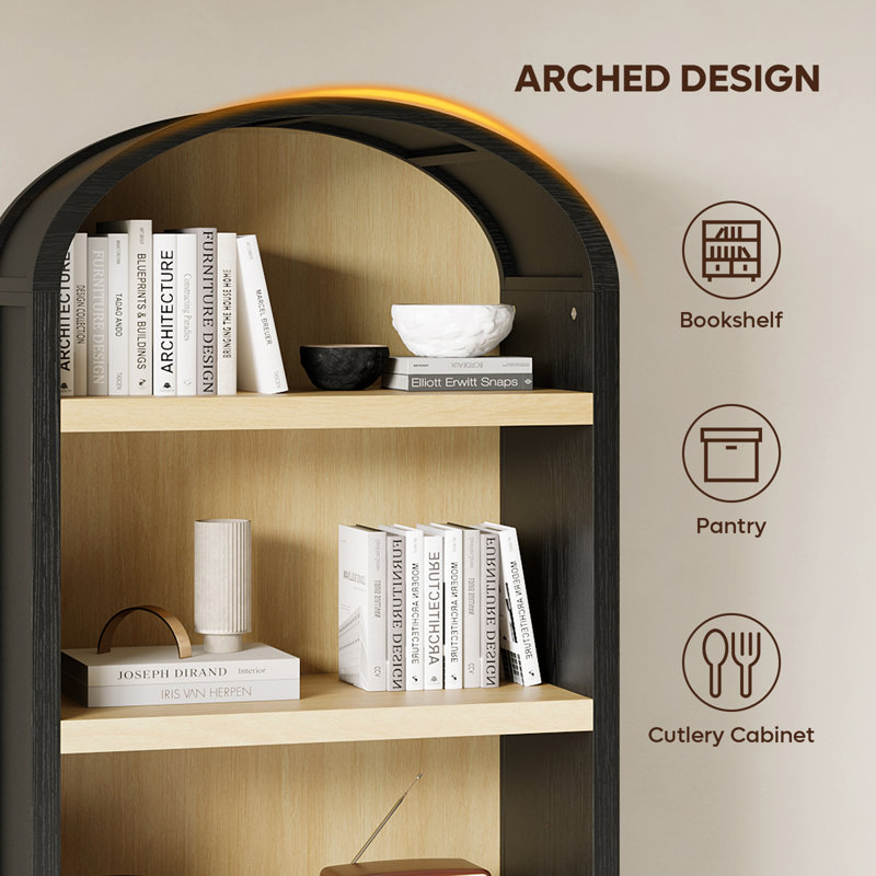 Onetha 76''H Curved Arch 5-Shelf Bookcase, Black