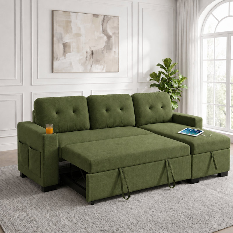 82" Sleeper Sectional Sofa with Pull-Out Bed, Convertible L-Shaped Couch with Reversible Storage Chaise, USB Ports, Cup Holders & Side Table for Living Room, Small Space, Apartment