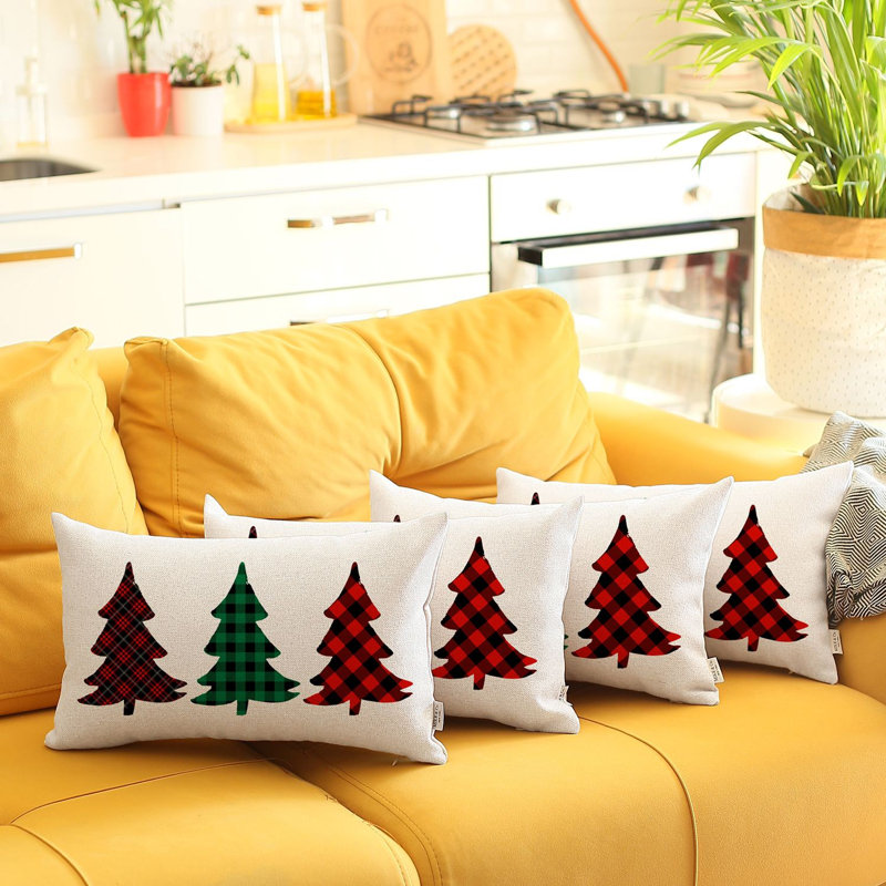 Red and White Polyester Christmas Tree Plaid Throw Pillow Covers, 12 x 20 in, Set of 4