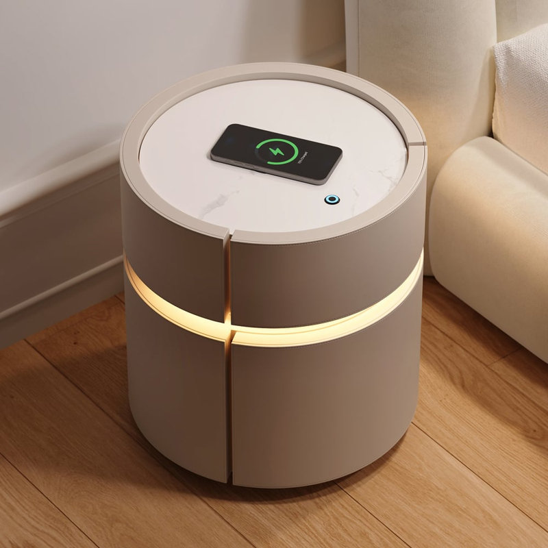 Saddle Leather Round Bedside Table With Sintered Stone Top, Led Light & Wireless Charging