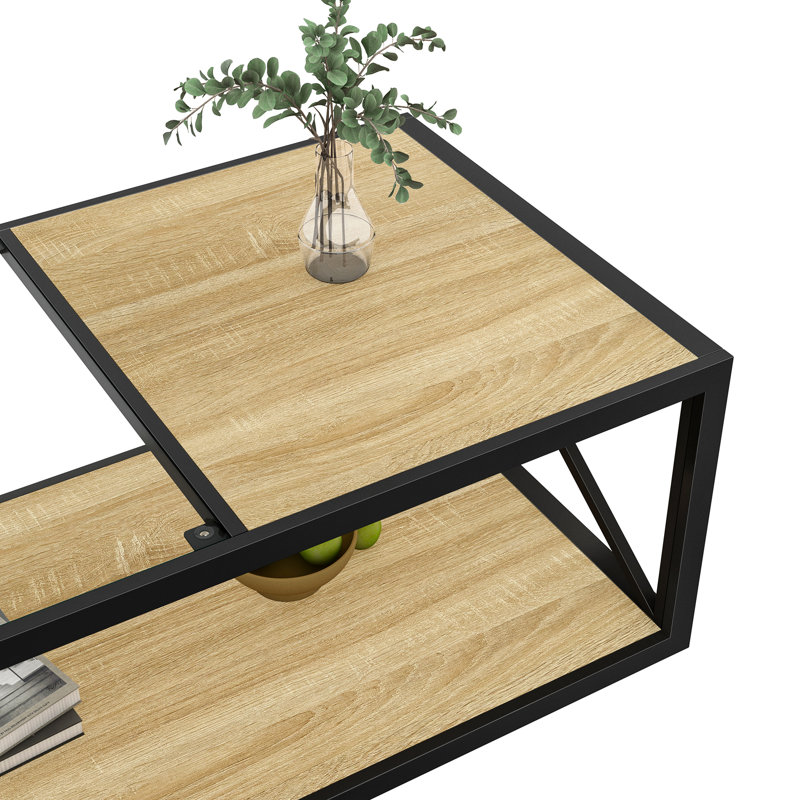 Table basse de style industriel moderne avec verre trempé et bois naturel, pour les décorations de salon, capacité de charge de 220 lb, surface lisse