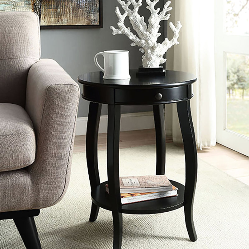 Table de bout en bois noir avec tiroir et tablette, plateau rond pour présenter une forme pratique