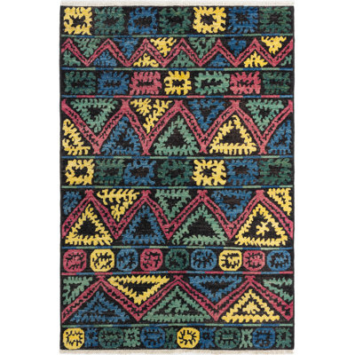 Tapis de bois one-of-kind-noué la 2010 shalimar noir/vert/jaune 6 pi x 8 pi aire de laine 10 po Céline