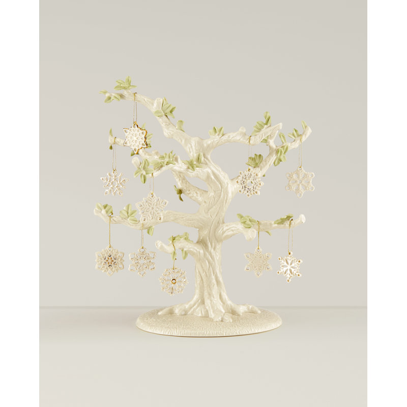 Ivory Porcelain Snowflake Ornament Tree Set with Display Stand