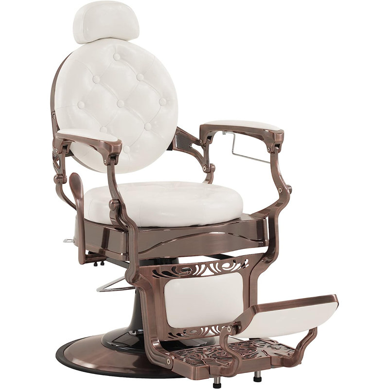 Fauteuil de coiffeur inclinable en métal robuste, Similicuir blanc, Brun