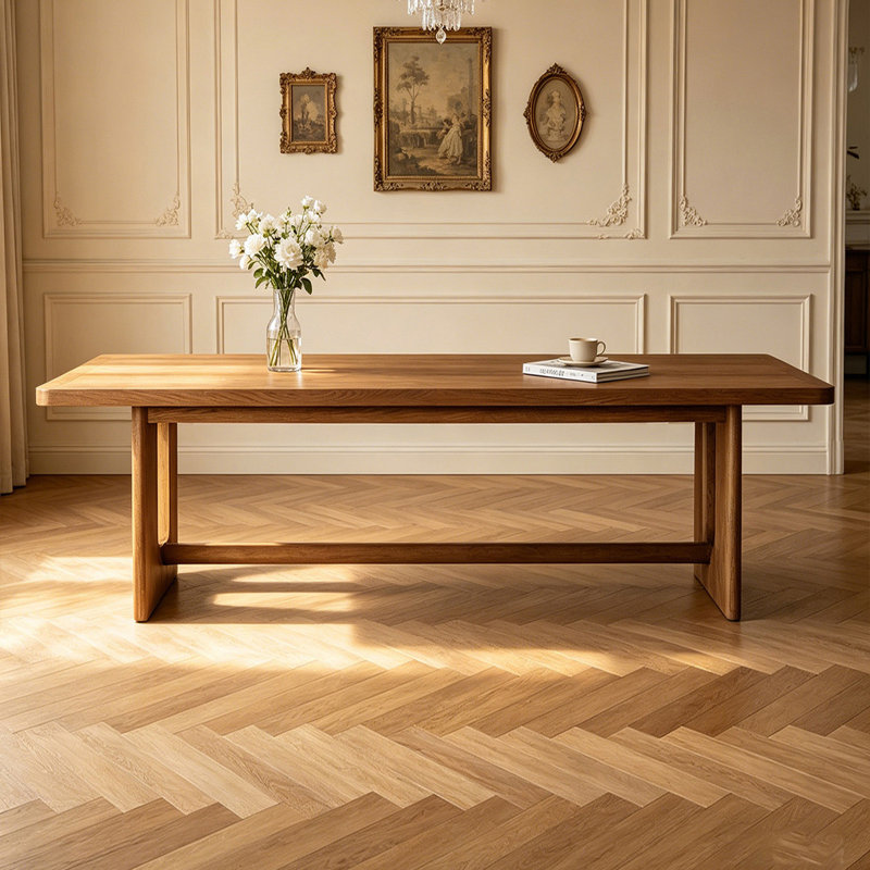 Warm Oak Rectangular Solid Trestle Dining Table, 29.53"H x 94.49"L x 35.43"W