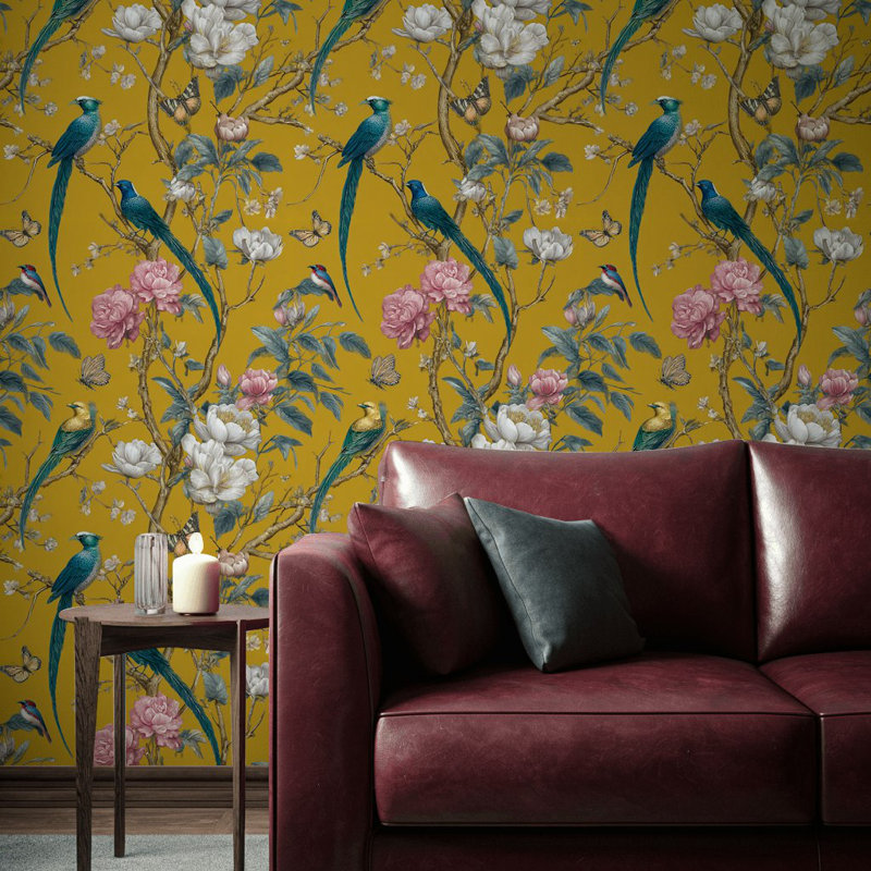 Papier peint floral oiseaux roulés amovibles mur double rétro