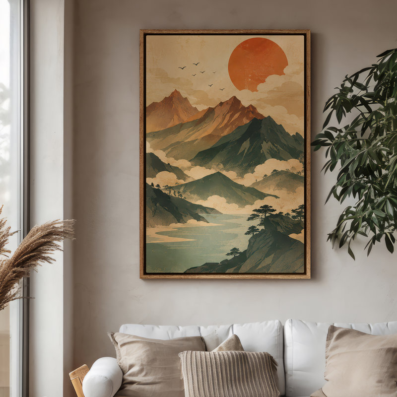 Art mural encadré - Paysage de montagne rétro avec soleil levant et rivière brumeuse - 16 po x 24 po, 24 po x 36 po, Natural