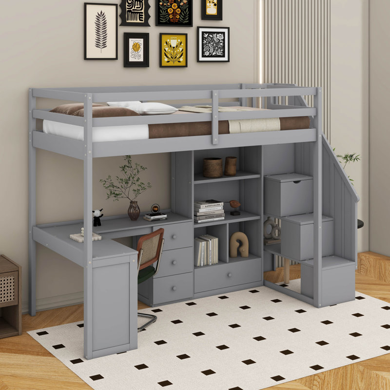 Lit mezzanine simple avec bureau et tiroirs, Gris