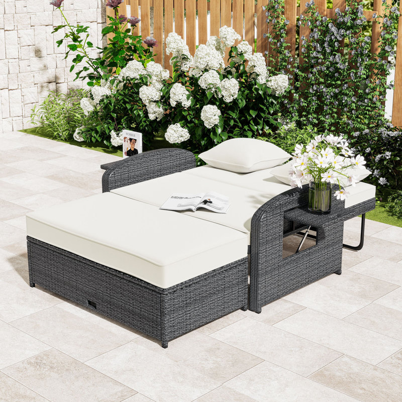 PE Rattan Chaise Lounge with Adjustable Backrest, High-Density Cushions and Footrest, White/Gray