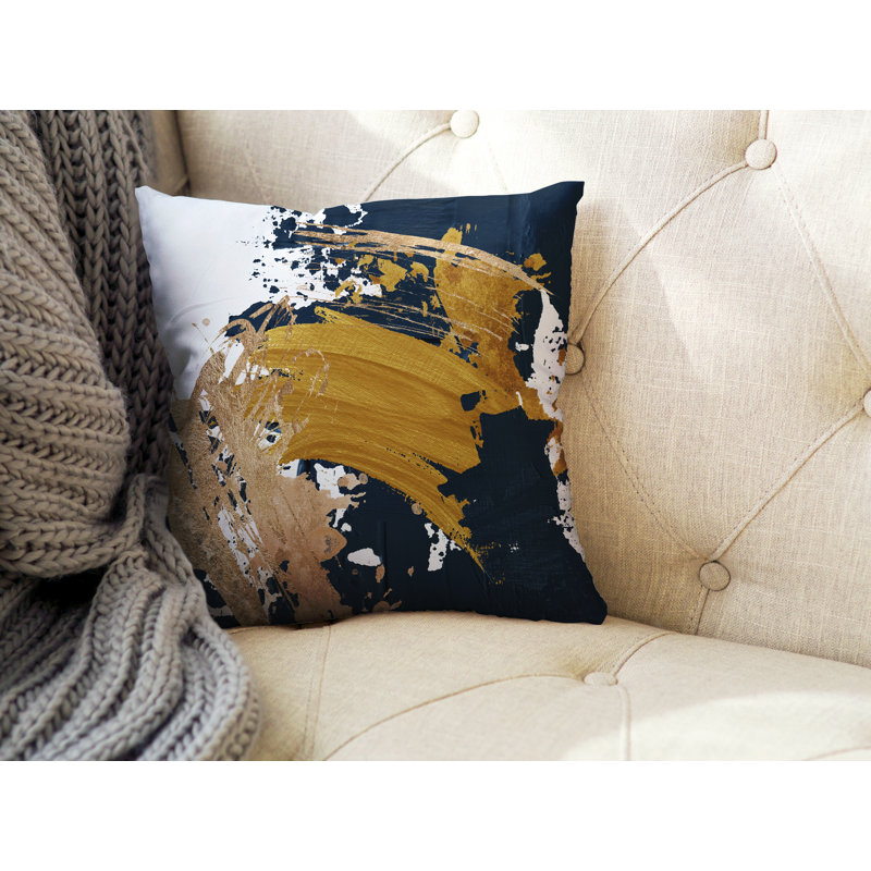 Wintta Abstract Outdoor Reversible Throw Pillow, 17W" x 17H", Mustard/Navy Blue/Gold 