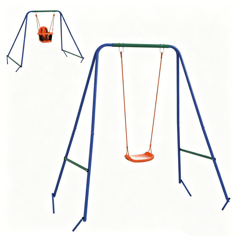 Orange Blue 2-in-1 Metal Toddler Swing Set, Safety Belt Adjustable Seat Indoor Outdoor Play Swing for Kids 6 Months to 8 Years