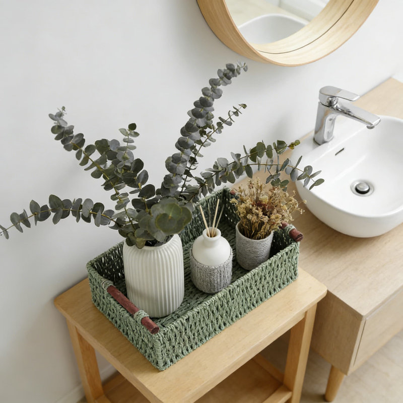 Handmade Woven Paper Rope Storage Baskets Set Of 3, Decorative Wicker Organizer With Wooden Handles For Bathroom, Living Room, And Bedroom