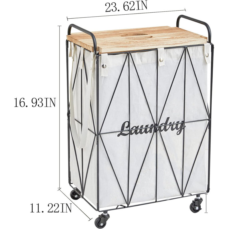 Collapsible Rolling Iron Wire Laundry Hamper, Black
