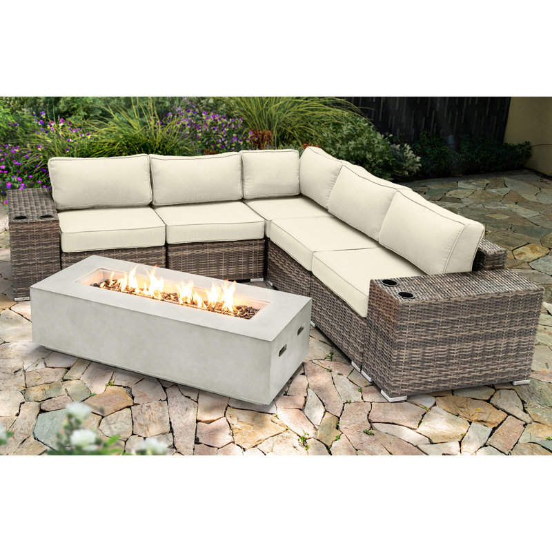 Dzheni Fully Assembled  4 Person Seating Group With Firepit And Sunbrella Cushions, Canvas