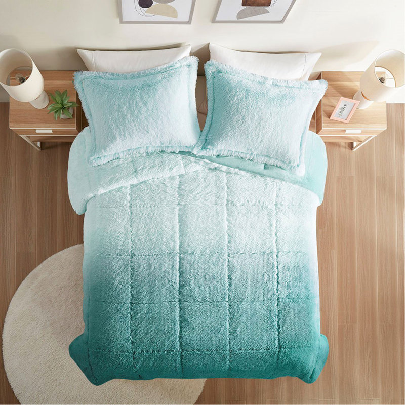 Mini ensemble d'édredon à poils longs Ombre, Édredon double/grand et 2 taies décoratives, Turquoise