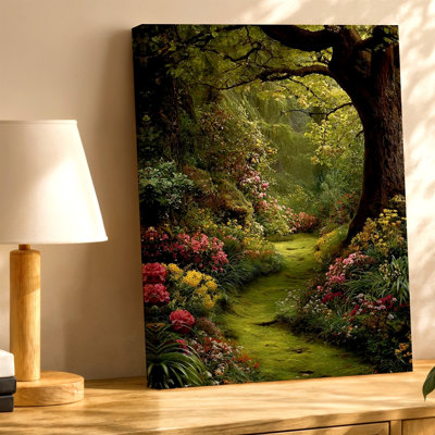 Enchanted Forest Path Garden Canvas Wall Art Print, Floral Landscape Modern Decorative Artwork For Living Room, Bedroom, Hallway, Entryway, And Gallery Wall Decor, Modern Home Accent