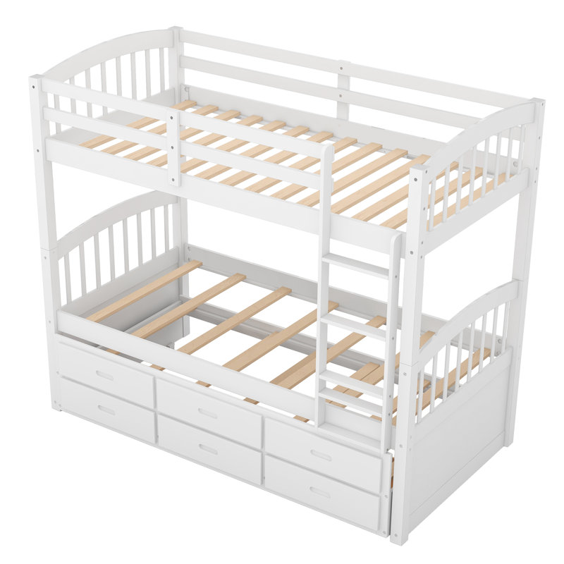Lit superposé en bois avec lit gigogne et tiroirs, Blanc