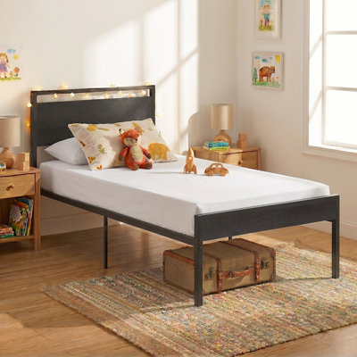 Twin Size Metal Bed Frame with Wood Headboard & Footboard, 14 Inch Heavy Duty Platform, No Box Spring Needed, Non-Slip Steel Slats, Large Under-Bed Storage for Small Spaces & Apartments