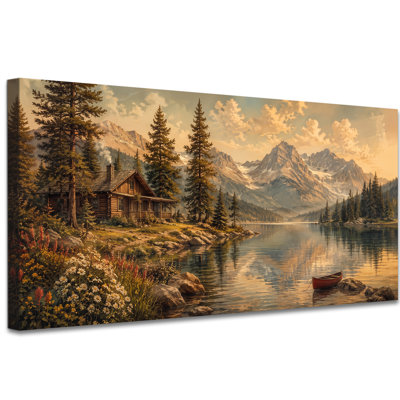 Tableau sur toile représentant un chalet au bord d'un lac sombre, très grand format, avec un ciel orangé et un paysage rustique saisissant. Parfait pour la maison, un chalet ou un bureau. Toile tendue sur châssis, prête à accrocher, 61 x 122 cm.