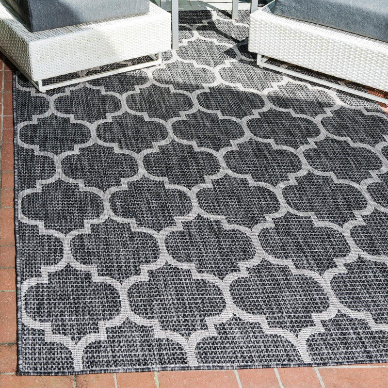 Tapis noir et beige à motif géométrique pour l'intérieur et l'extérieur Bartman, Rectangle 2 pi x 3 pi 1 po