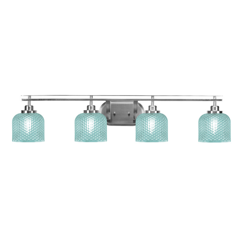 Barre d'éclairage de salle de bain 4 lumières Scituate, nickel brossé, verre turquoise 6 po, Bleu, Nickel brossé