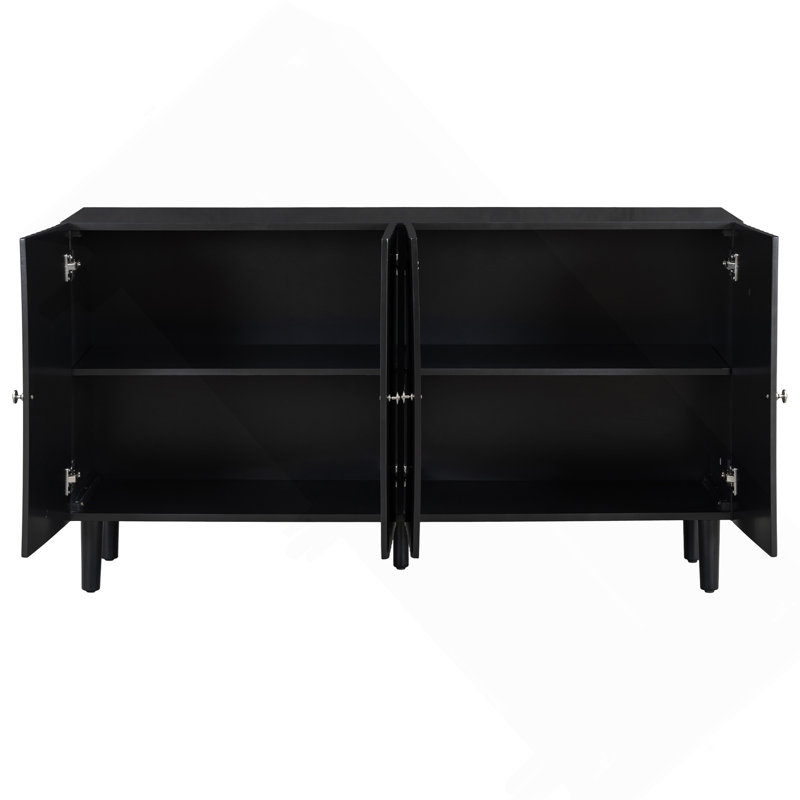 Buffet élégant à quatre portes avec portes à motif ondulé, pieds cylindriques et poignées en métal élégantes, réglables, convenant pour le bureau, le vestibule et le salon