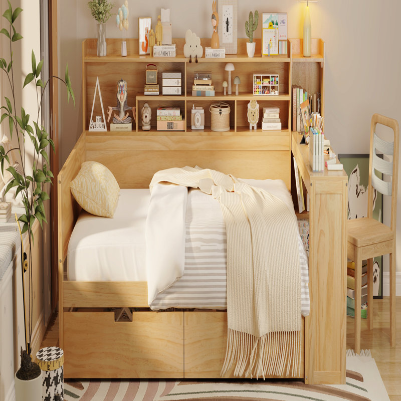Lit de jour double en bois avec tablettes de rangement, lit multifonctionnel avec deux tiroirs de rangement et bureau d'étude