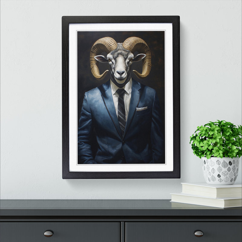 Ram Sheep In A Suit Painting - Single Picture Frame Print on Wood, Black Framed, 64cm H x 46cm W