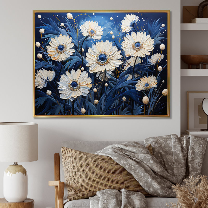 «Blue Cornflowers Cascading IV», reproduction sur toile, H 34 po x l 44 po x P 1,5 po, Cadre flottant doré