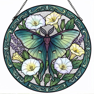 Moth Floral Stained Glass Window Panel，7.8H