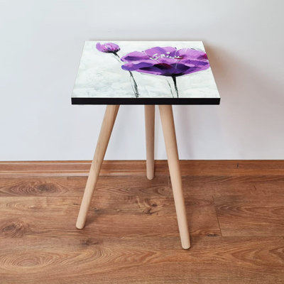 Table d'appoint chic avec pieds en bois de hêtre, 13,8 x 16,5 x 13,8 pouces | 100% panneau de fibres à densité moyenne, épaisseur: 0,7 pouce | Superbe motif impressionniste floral rose, mauve, noir et blanc | Parfait pour les salons et les chambres modernes