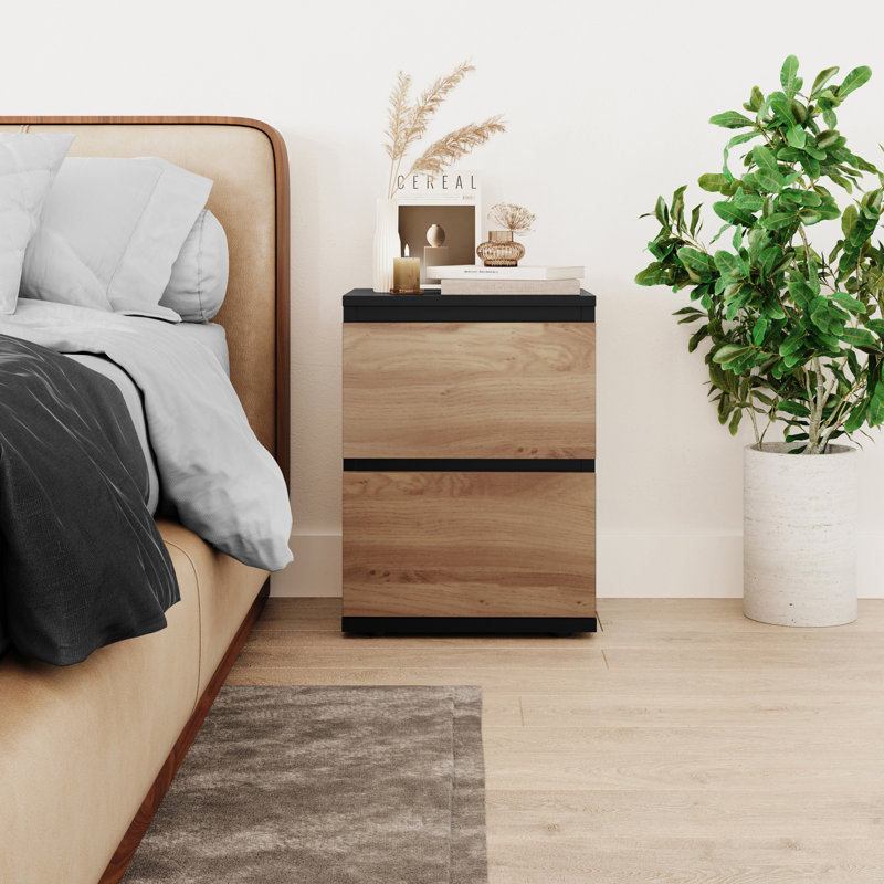 Baptistine 36cm W Particle Board / Chipboard Bedside Table, Black/Oak