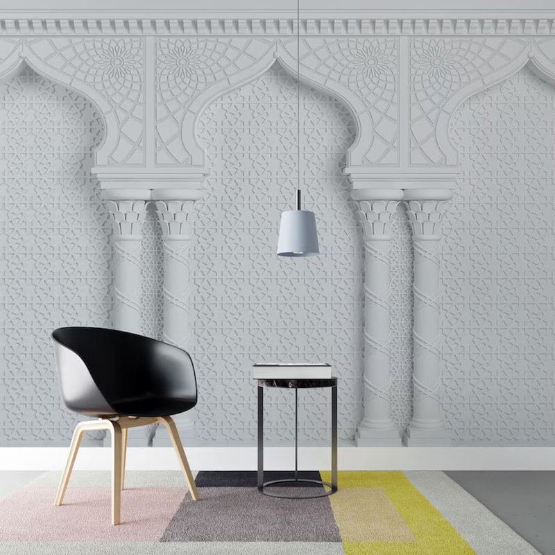Panneau mural blanc en forme d'arche marocaine - Motif géométrique classique en relief, L 105,96 po x l 138 po, Blanc
