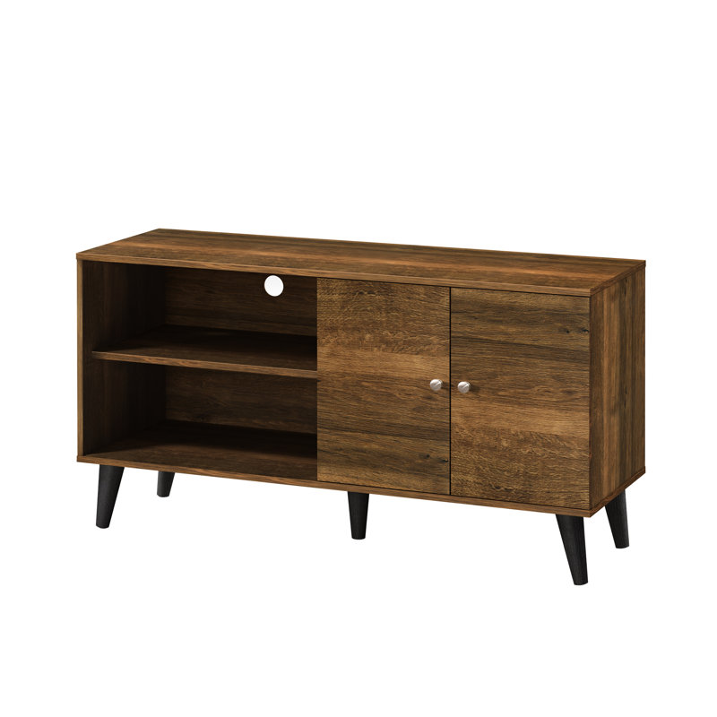 Tv Stand In Brown, For 50-59 Inch Tvs. 2 Storage Shelves & 1 Cabinet. Modern Entertainment Centre Living Room. Functional Open Shelf Electronics. Concealed Mid-Century Design With A Sleek Silhouette.