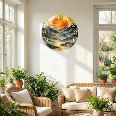 Paysage de montagne, horloge murale en verre décorative moderne, 15,7 po