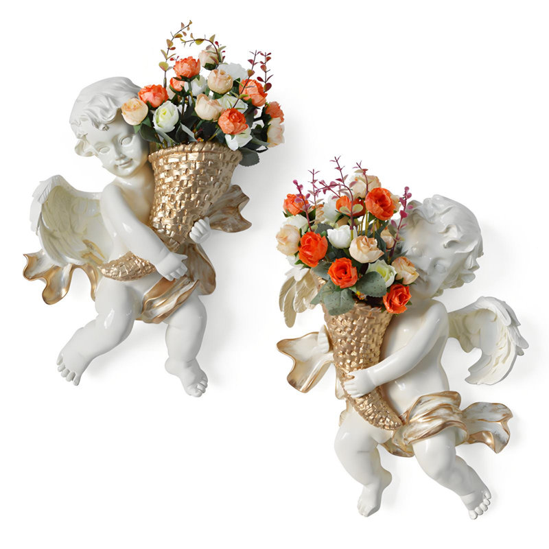 Gold Cherub Wall Sculpture Set of 2 – 3D Resin Angel Wall Decor for Living Room Italian Wall Art White, White