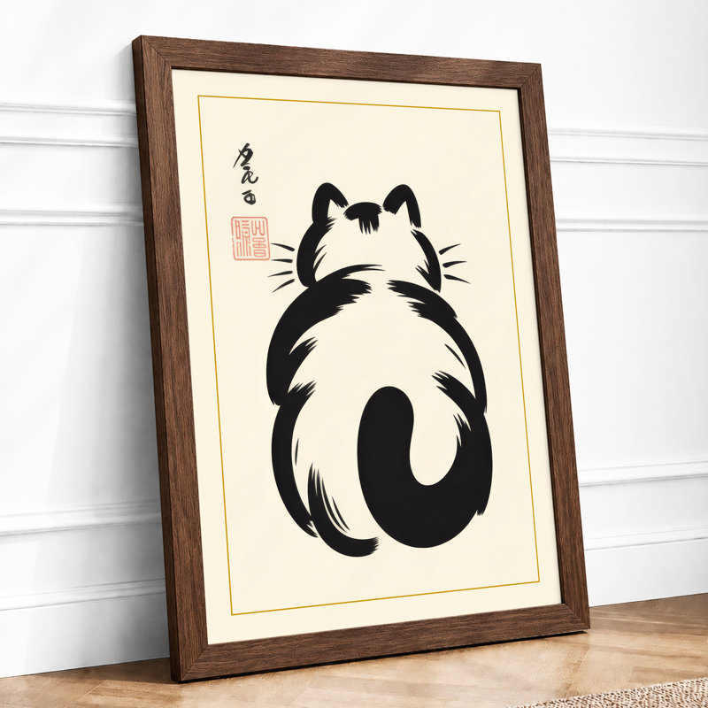 Cat in Repose Japandi - Framed Print, A2 - 59.4 x 42.0 cm, Walnut