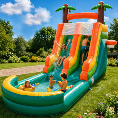 26FT Commercial Inflatable Water Slide for Adults & Kids, Heavy‑Duty 100% PVC Wide Waterslide with Splash Pool, Backyard Outdoor Play(Green PalmTree)