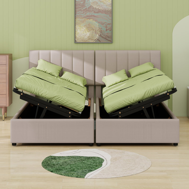 Structure de lit en lin avec tête de lit et rangement en dessous, Beige
