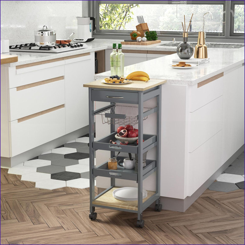 Chariot pour îlot de cuisine avec roulettes, tiroir de rangement et amp; Panier coulissant | Gris | Panneau de fibres à densité moyenne P2