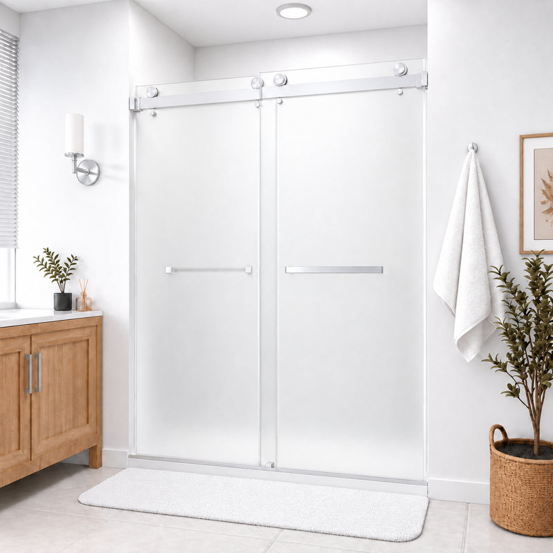Porte de douche coulissante double sans cadre Catalyst 62"-67" L x 76" H, chromée, avec verre dépoli de 3/8" (10 mm).