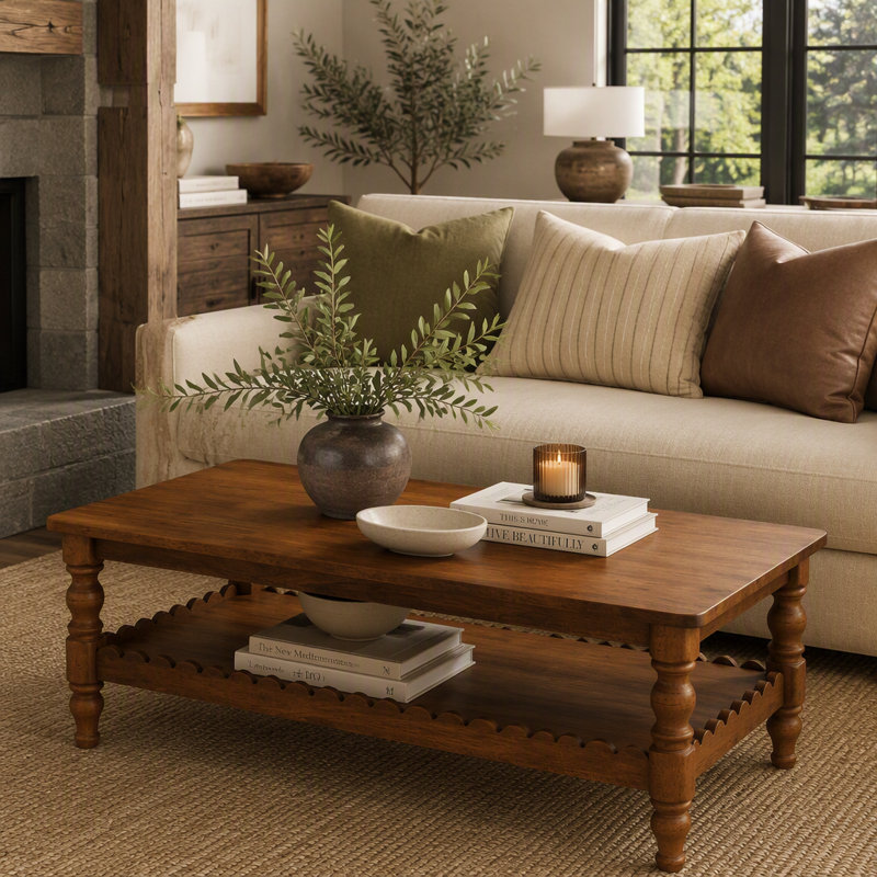 Maclin rectangulaire en bois massif avec tablette de rangement, table de centre à 2 niveaux Farmhouse pour un assemblage facile et un décor de salon
