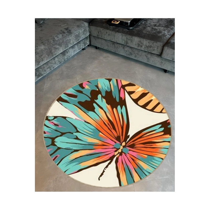 Multicolored Butterfly Patterned Modern Decorative Carpet, Round 3'4"