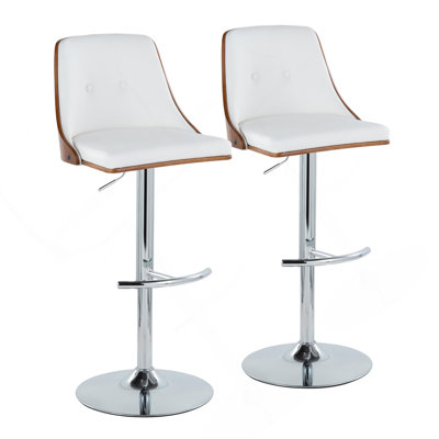 Gianna Mid-Century Modern Adjustable Barstool With Swivel In Chrome Metal, Walnut Wood And White Faux Leather With Rounded T Footrest By Lumisource - Set Of 2