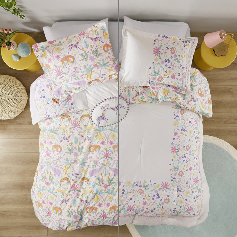 Édredon réversible en coton mauve / grand réversible mauve à motif floral avec 4 pièces et imprimé girafe jungle