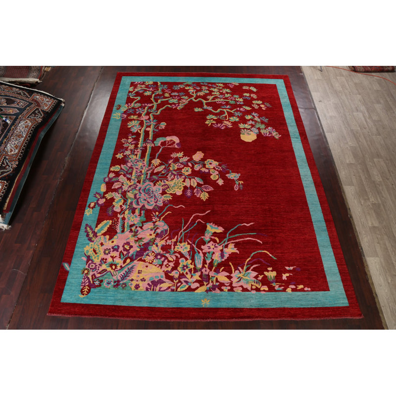 Tapis oriental rouge à motif végétal à teinture abstraite noué à la main 10 x 14